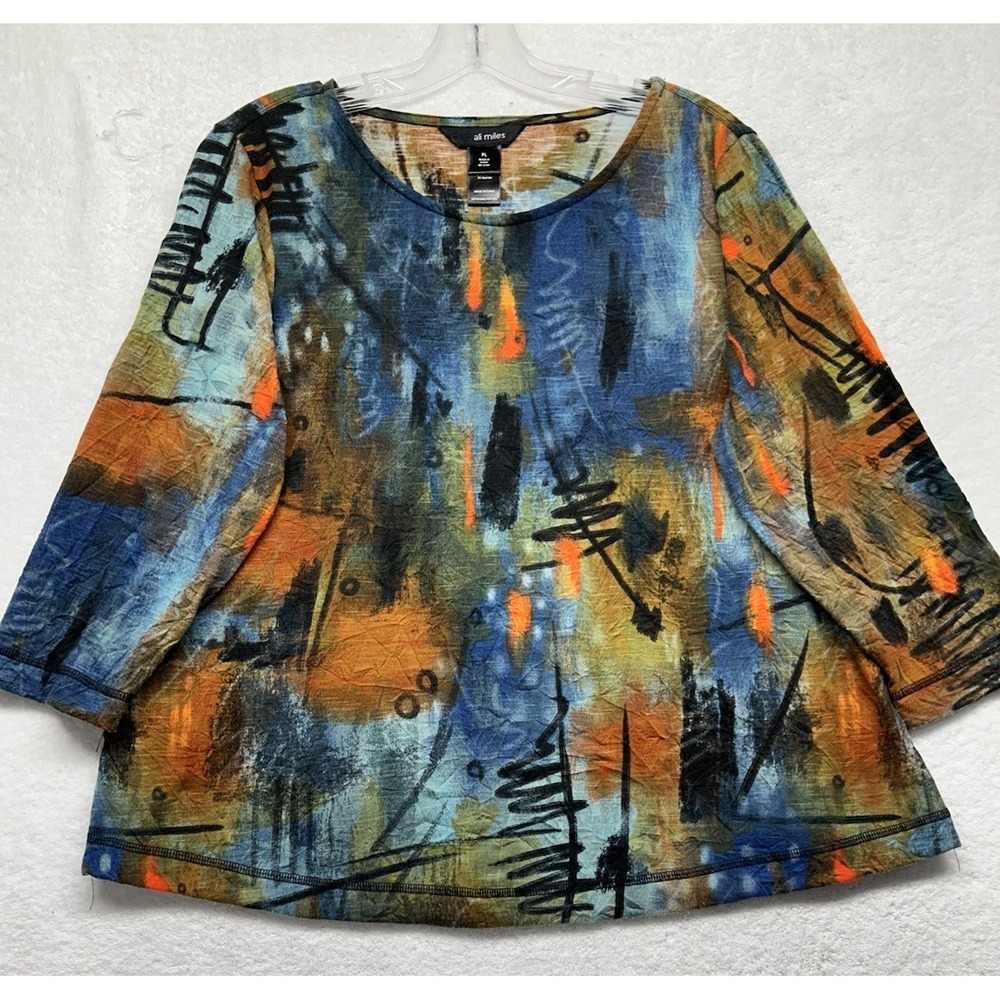 Ali Miles Womens Size PS Blue Brown 3/4 Sleeve Printed Blouse Top (J11)
